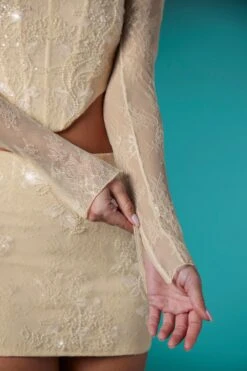 Long Sleeve Embellished Lace Corset Crop Top In Ivory 19 Long Sleeve Embellished Lace Corset Crop Top In Ivory -Glam Dress Store 5958 5960 6 Ivory Embellished Lace Corset Top Mini Skirt