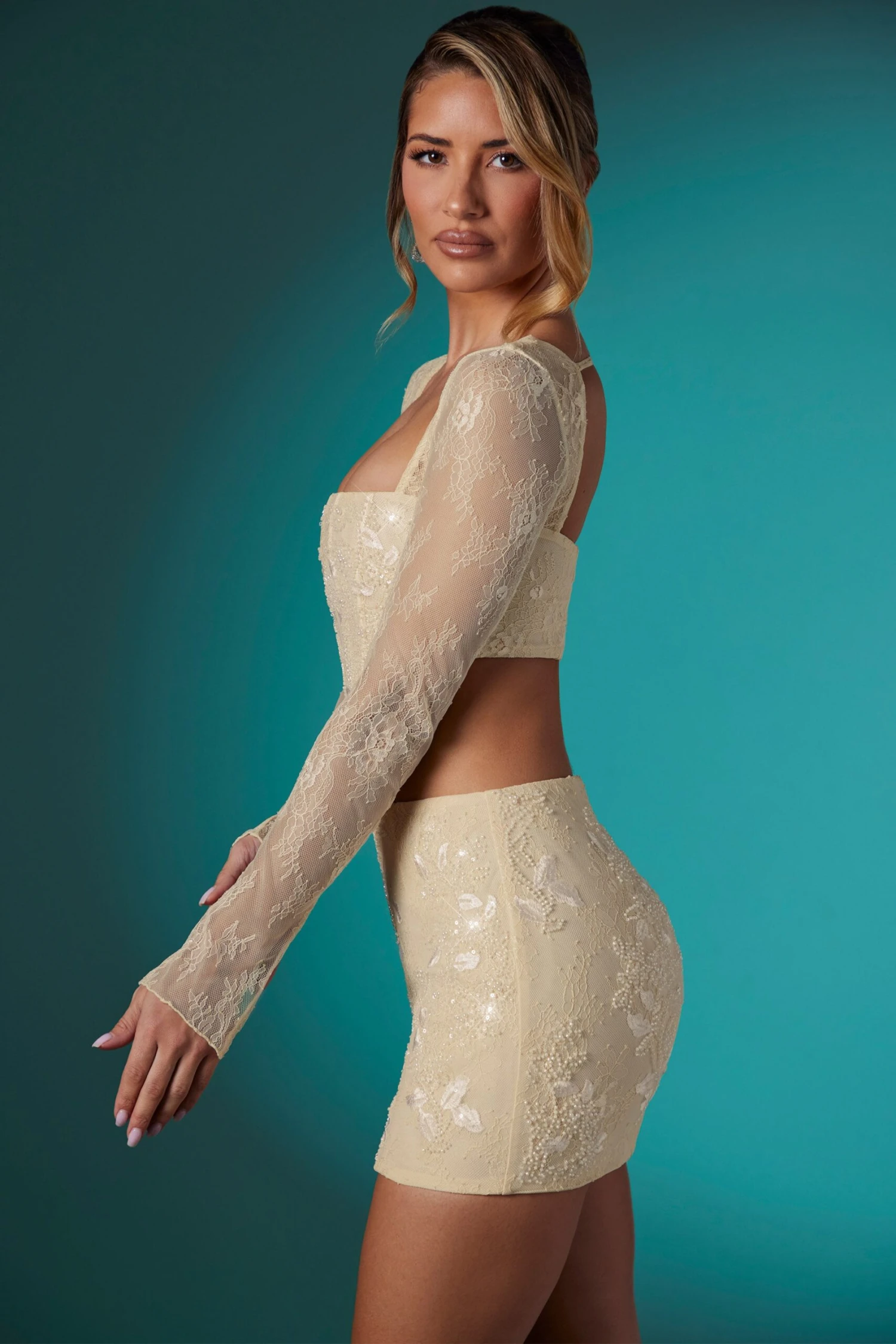 Long Sleeve Embellished Lace Corset Crop Top In Ivory 11 Long Sleeve Embellished Lace Corset Crop Top In Ivory - Image 9