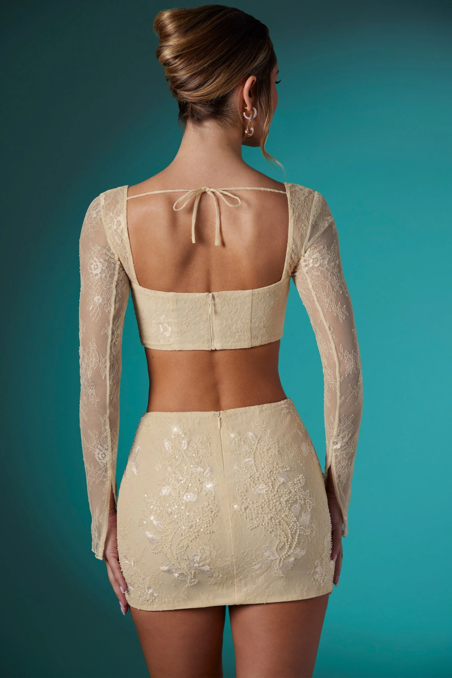 Long Sleeve Embellished Lace Corset Crop Top In Ivory 4 Long Sleeve Embellished Lace Corset Crop Top In Ivory - Image 2
