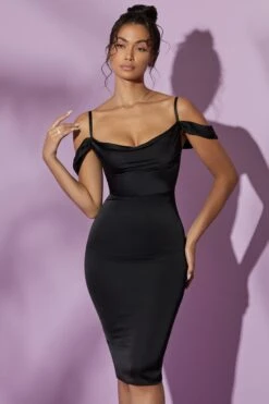 Cowl Sleeve Midi Dress In Black