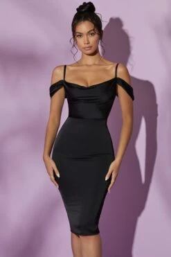 Cowl Sleeve Midi Dress In Black -Glam Dress Store 5984 3 Giada Black Cowl Sleeve Satin Midi Dress