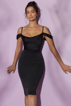 Cowl Sleeve Midi Dress In Black -Glam Dress Store 5984 7 Giada Black Cowl Sleeve Satin Midi Dress