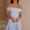 Handkerchief Hem Ruched Bardot Mini Dress In Blue -Glam Dress Store 6018 2 Blue Ruched Bardot Hankee Hem Mini Dress