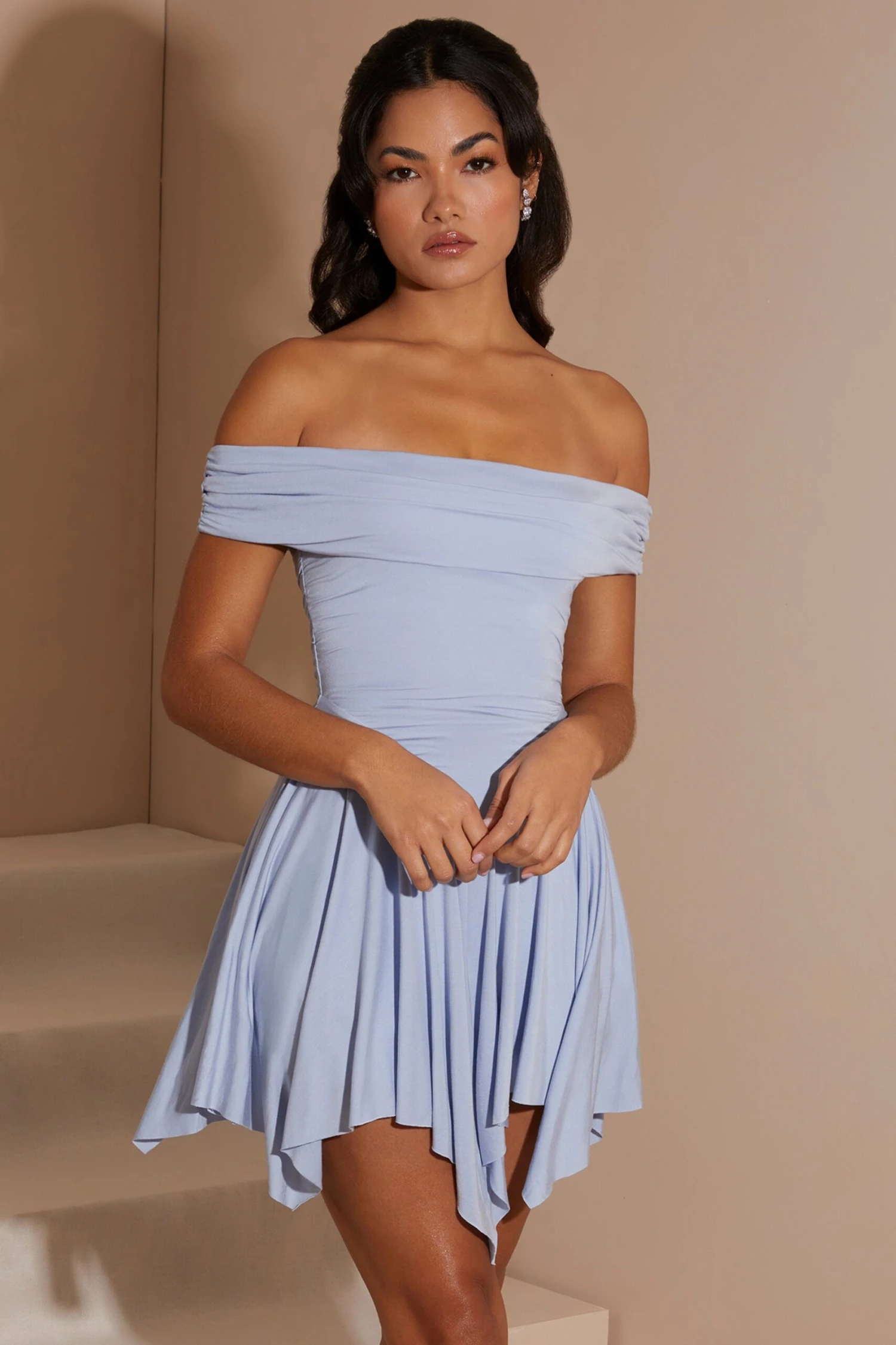 Handkerchief Hem Ruched Bardot Mini Dress In Blue 3 Handkerchief Hem Ruched Bardot Mini Dress In Blue