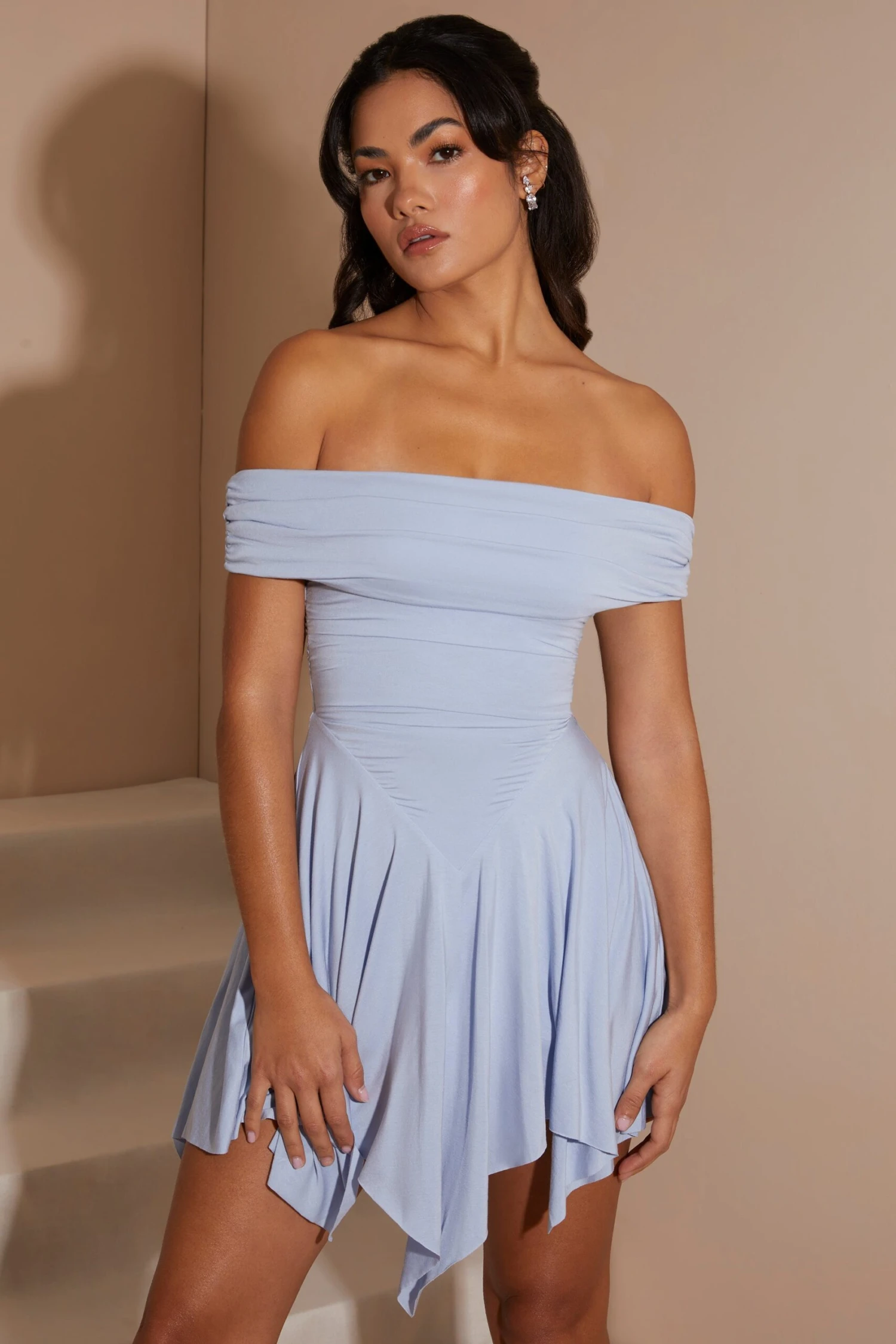 Handkerchief Hem Ruched Bardot Mini Dress In Blue 9 Handkerchief Hem Ruched Bardot Mini Dress In Blue - Image 7