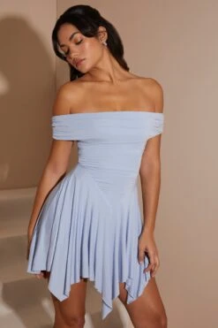 Handkerchief Hem Ruched Bardot Mini Dress In Blue 19 Handkerchief Hem Ruched Bardot Mini Dress In Blue -Glam Dress Store 6018 6 Blue Ruched Bardot Hankee Hem Mini Dress