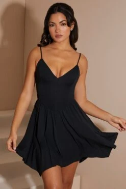 Handkerchief Hem Plunge Neck Mini Dress In Black 15 Handkerchief Hem Plunge Neck Mini Dress In Black -Glam Dress Store 6019 6 Octavia Black Handkerchief Hem Drape Mini Dress