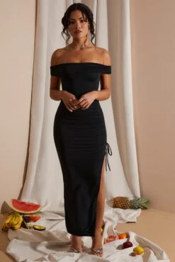 Off The Shoulder High Slit Maxi Dress In Black -Glam Dress Store 6021 1 Black Off Shoulder Ruched Split Gown