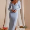 Long Sleeve Exposed Bra Maxi Dress In Blue -Glam Dress Store 6023 2 Blue Long Sleeve Under Bralette Gown Dress