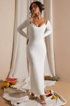 Long Sleeve Exposed Bra Maxi Dress In White -Glam Dress Store 6023 2 White Long Sleeve Under Bralette Gown Dress