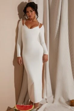 Long Sleeve Exposed Bra Maxi Dress In White -Glam Dress Store 6023 4 White Long Sleeve Under Bralette Gown Dress