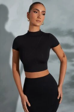 Contrast Stitch Turtleneck Crop Top In Black -Glam Dress Store 6047 6048 12 Arwen Irie Black Contrast Stitch Top Midaxi Skirt