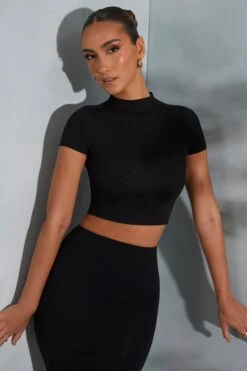 Contrast Stitch Turtleneck Crop Top In Black -Glam Dress Store 6047 6048 13 Arwen Irie Black Contrast Stitch Top Midaxi Skirt