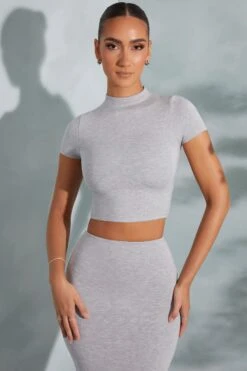 Contrast Stitch Turtleneck Crop Top In Marled Grey -Glam Dress Store 6047 6048 13 Arwen Irie Grey Contrast Stitch Top Midaxi Skirt