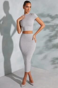 Contrast Stitch Turtleneck Crop Top In Marled Grey -Glam Dress Store 6047 6048 1 Arwen Irie Grey Contrast Stitch Top Midaxi Skirt