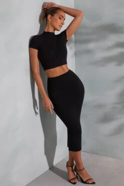 Contrast Stitch Turtleneck Crop Top In Black -Glam Dress Store 6047 6048 2 Arwen Irie Black Contrast Stitch Top Midaxi Skirt