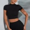 Contrast Stitch Turtleneck Crop Top In Black