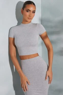 Contrast Stitch Turtleneck Crop Top In Marled Grey -Glam Dress Store 6047 6048 4 Arwen Irie Grey Contrast Stitch Top Midaxi Skirt