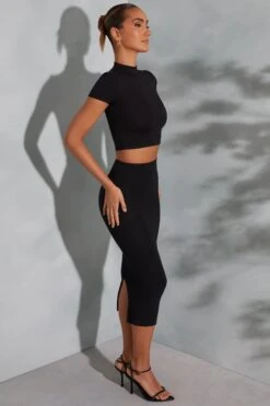 Contrast Stitch Turtleneck Crop Top In Black -Glam Dress Store 6047 6048 5 Arwen Irie Black Contrast Stitch Top Midaxi Skirt