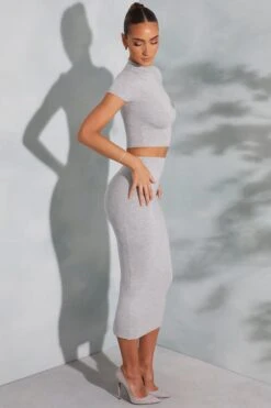 Contrast Stitch Turtleneck Crop Top In Marled Grey -Glam Dress Store 6047 6048 5 Arwen Irie Grey Contrast Stitch Top Midaxi Skirt