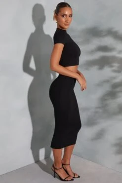 Contrast Stitch Turtleneck Crop Top In Black -Glam Dress Store 6047 6048 6 Arwen Irie Black Contrast Stitch Top Midaxi Skirt