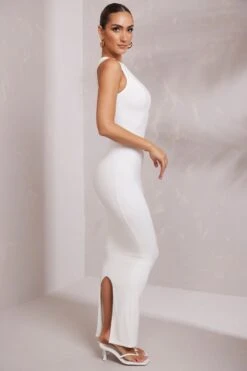 Contrast Stitch Sleeveless Maxi Dress In White -Glam Dress Store 6051 3 Eydis White High Neck Maxi Dress