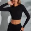Round Neck Long Sleeve Top In Black -Glam Dress Store 6055 6064 4 Camden Lori Black Seamless Crop Top Leggings