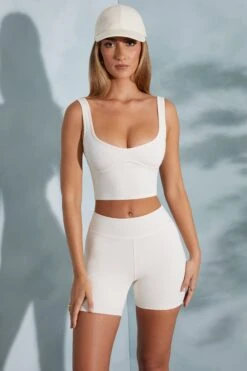 High Waist Biker Shorts In Ivory 21 High Waist Biker Shorts In Ivory -Glam Dress Store 6056 6058 13 White Shorts Contour Crop Top