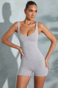 Sweetheart Neckline Romper In Marled Grey -Glam Dress Store 6059 1 Halle Grey Sweetheart Romper