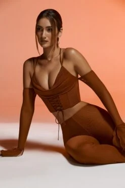 Long Sleeve Cold Shoulder Crop Top In Brown -Glam Dress Store 6119 6120 12 Brown Cold Shoulder Long Sleeve Crop Top Flare Trousers