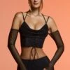 Long Sleeve Cold Shoulder Crop Top In Black -Glam Dress Store 6119 6120 5 Black Cold Shoulder Long Sleeve Crop Top Flare Trousers 1