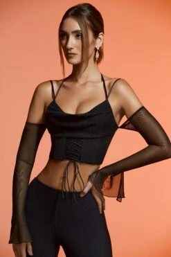 Long Sleeve Cold Shoulder Crop Top In Black 13 Long Sleeve Cold Shoulder Crop Top In Black -Glam Dress Store 6119 6120 6 Black Cold Shoulder Long Sleeve Crop Top Flare Trousers 1