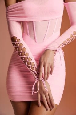 Lace Up Long Sleeve Corset Mini Dress In Pink -Glam Dress Store 6122 6 Rayar Pink Lace Up Long Sleeve Mini Dress