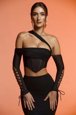 Lace Up Long Sleeve Corset Crop Top In Black -Glam Dress Store 6123 6124 10 Black Lace Up Sleeve Corset Crop Top Midi Skirt 1