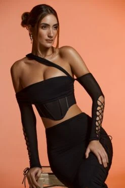 Lace Up Long Sleeve Corset Crop Top In Black -Glam Dress Store 6123 6124 13 Black Lace Up Sleeve Corset Crop Top Midi Skirt 1