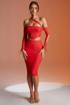 Lace Up Sleeve Corset Crop Top In Red -Glam Dress Store 6123 6124 2 Red Lace Up Sleeve Corset Crop Top Midi Skirt