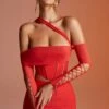 Lace Up Sleeve Corset Crop Top In Red -Glam Dress Store 6123 6124 7 Red Lace Up Sleeve Corset Crop Top Midi Skirt