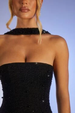 Embellished Bandeau Maxi Dress In Black -Glam Dress Store 6126 10 Belgravia Black Pearl Embellished Bandeau Split Maxi Dress