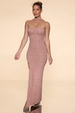 Embellished Bandeau Maxi Dress In Beige -Glam Dress Store 6126 3 Belgravia Beige Maxi Dress With Split