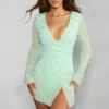Embellished Wrap Over A-Line Mini Dress In Mint 2 Embellished Wrap Over A-Line Mini Dress In Mint -Glam Dress Store 6127 1 Chelsea Mint Peral Embellished Wrap Plunge A Line Mini