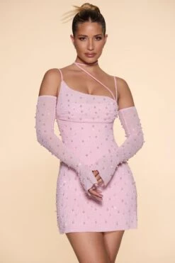 Embellished Asymmetric Corset Mini Dress In Blush -Glam Dress Store 6129 3 Blush Asymmetric Cowl Neck Dress
