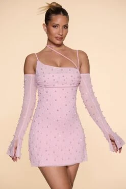 Embellished Asymmetric Corset Mini Dress In Blush -Glam Dress Store 6129 4 Blush Asymmetric Cowl Neck Dress