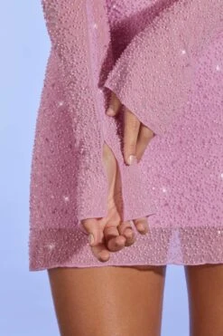 Embellished Long Sleeve Crop Top In Pink -Glam Dress Store 6136 6137 7 Lucerne Pink Embellished Cowl Neck Crop Top Bern Embellished A Line Mini Skirt