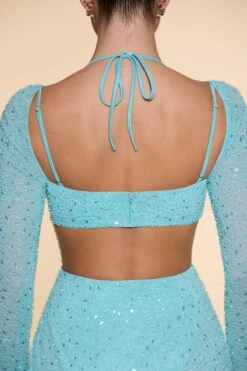 Embellished Cowl Neck Maxi Dress In Aqua -Glam Dress Store 6139 11 Champel Aqua Long Sleeve Cowl Neck Cut Out High Split Maxi 1