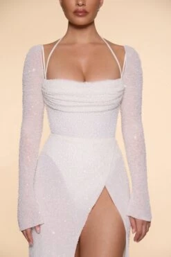 Embellished Cowl Neck Maxi Dress In Ivory -Glam Dress Store 6139 7 Champel Ivory Long Sleeve Cut Out Maxi