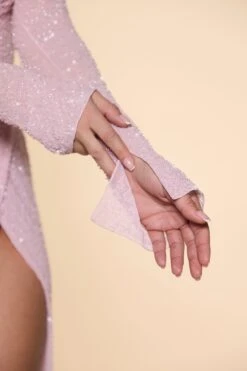 Embellished Cowl Neck Maxi Dress In Blush -Glam Dress Store 6139 8 Champel Blush Long Sleeve Cowl Neck Cut Out High Split Maxi