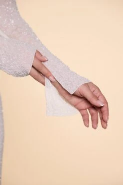 Embellished Cowl Neck Maxi Dress In Ivory -Glam Dress Store 6139 8 Champel Ivory Long Sleeve Cut Out Maxi