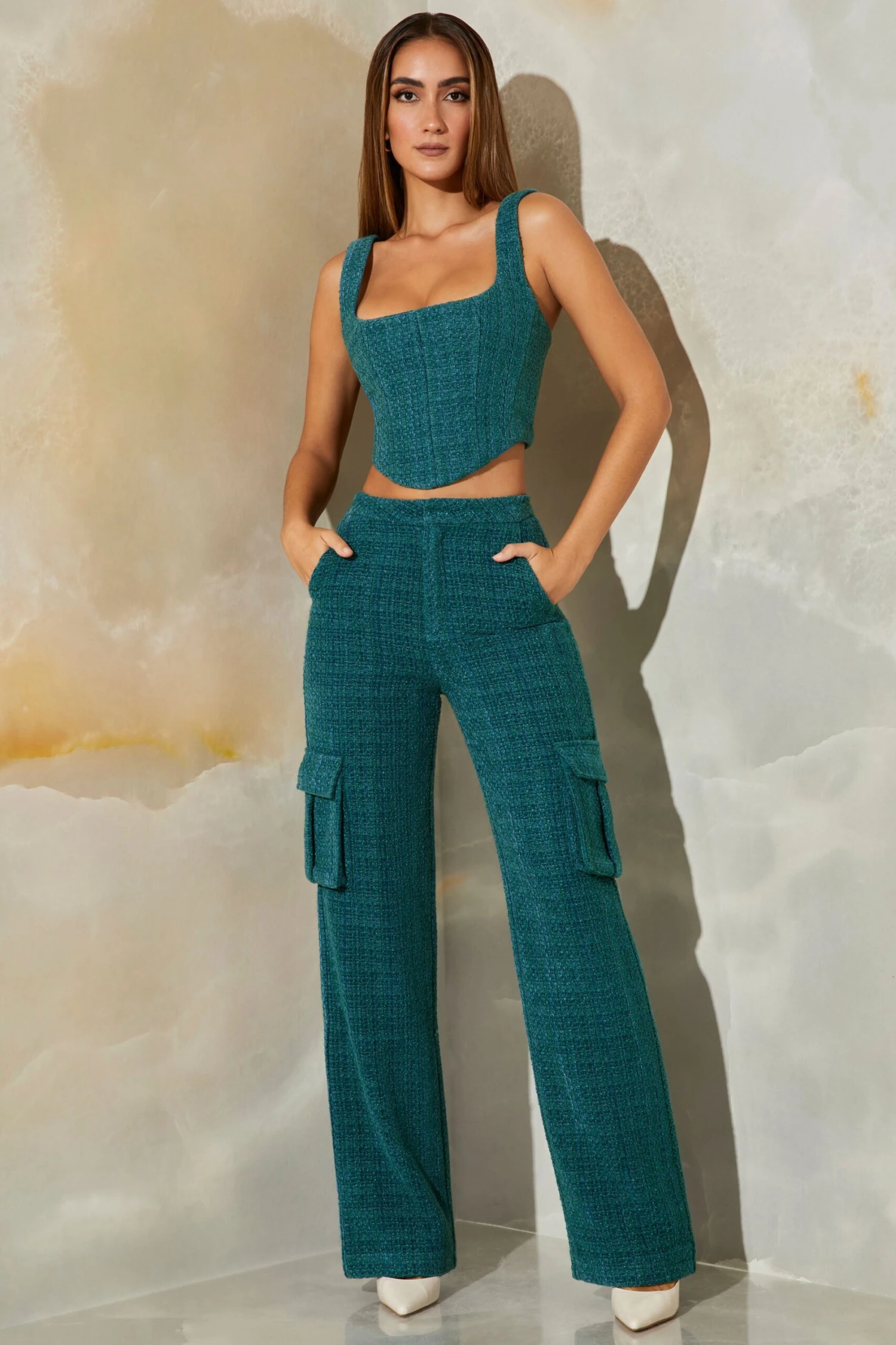 Tweed Straight Leg Cargo Trousers In Teal 3 Tweed Straight Leg Cargo Trousers In Teal