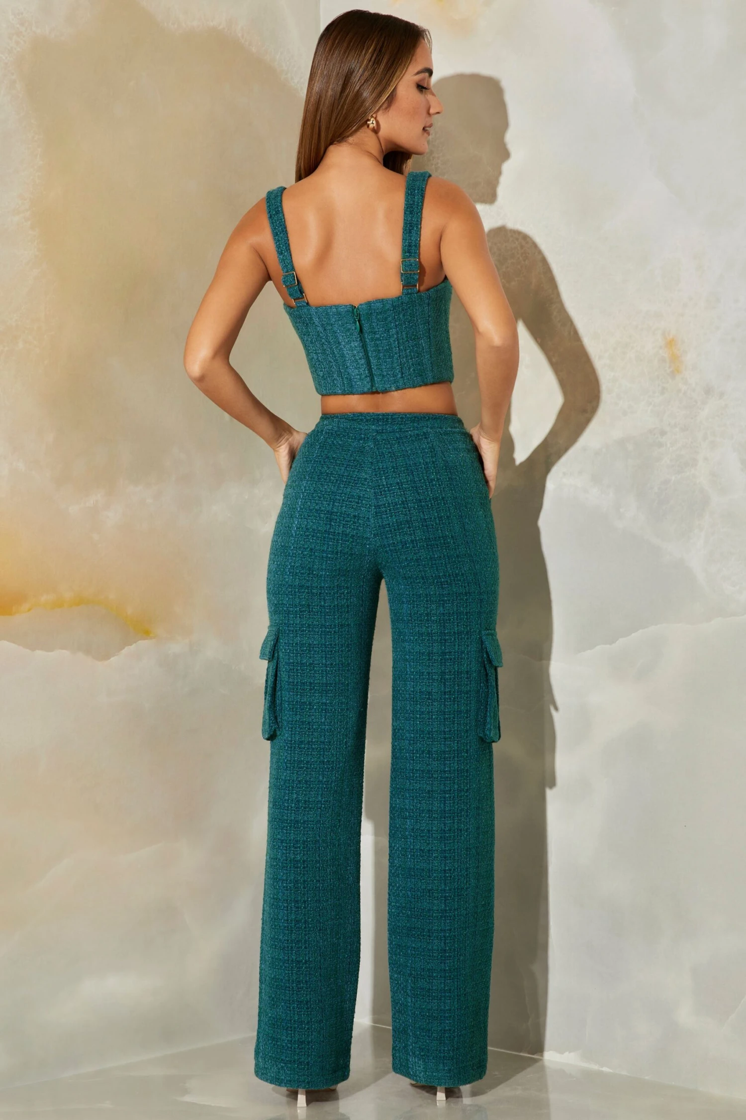 Tweed Straight Leg Cargo Trousers In Teal 4 Tweed Straight Leg Cargo Trousers In Teal - Image 2