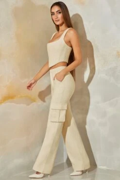 Tweed Straight Leg Cargo Trousers In Stone -Glam Dress Store 6150 6151 9 Una Stone Square Neck Corset Hendrix Tweed Stright Leg Cargo Trousers